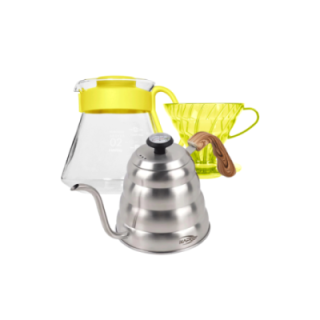 Hario V60 Filterbryg Sæt Gul Inkl. Range Server 0,6 L, Dripper 2 Kop., IKAPE Pour Over Kedel med Termometer 1,2 L & Filtre