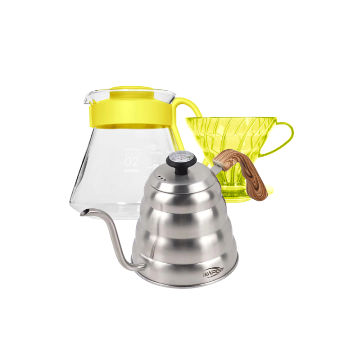 Hario V60 Filterbryg Sæt Gul Inkl. Range Server 0,6 L, Dripper 2 Kop., IKAPE Pour Over Kedel med Termometer 1,2 L & Filtre