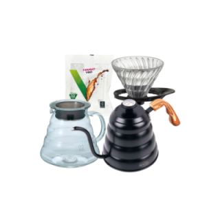 IKAPE Pour Over Kedel med Termometer 1,2 L Sort Inkl. Hario V60 Range Server 60 cl, V60-02 Glas Dripper Sort 2 Kop. & Filtre