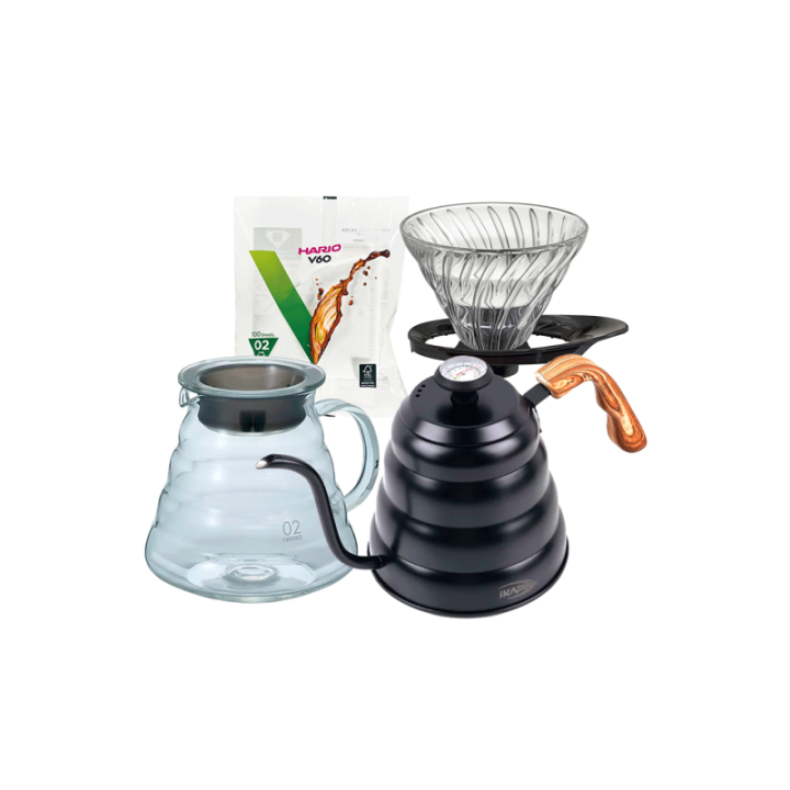 IKAPE Pour Over Kedel med Termometer 1,2 L Sort Inkl. Hario V60 Range Server 60 cl, V60-02 Glas Dripper Sort 2 Kop. & Filtre