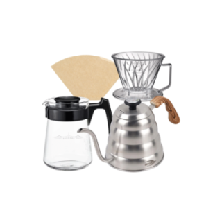 IKAPE Pour Over Kedel med Termometer 1,2 L Stål Inkl. Hario Pegasus 02 Server 600ml, Plastik Dripper 02 & Filtre