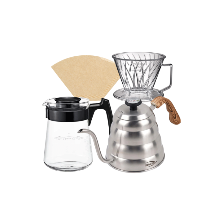 IKAPE Pour Over Kedel med Termometer 1,2 L Stål Inkl. Hario Pegasus 02 Server 600ml, Plastik Dripper 02 & Filtre